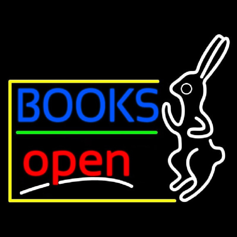 Blue Books With Rabbit Logo Open Enseigne Néon