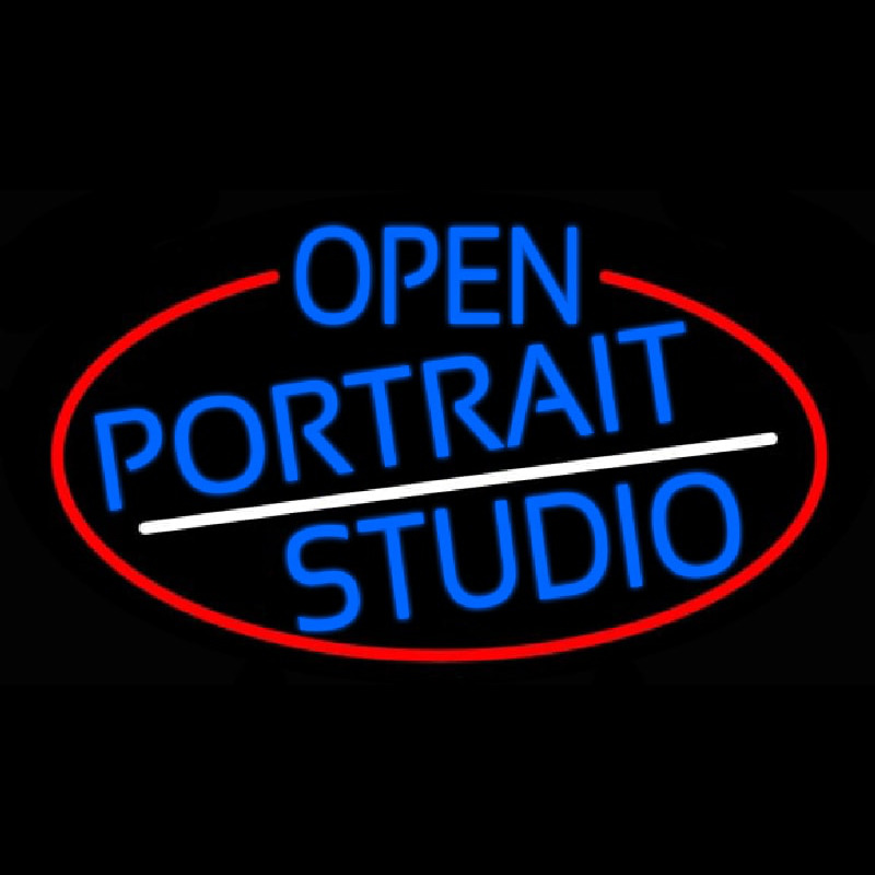 Blue Open Portrait Studio Oval With Red Border Enseigne Néon