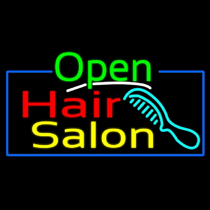 Green Open Hair Salon With Blue Border Enseigne Néon