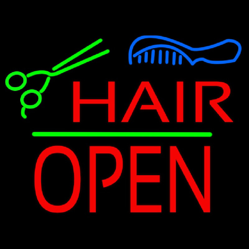 Hair Scissors Comb Block Open Green Line Enseigne Néon