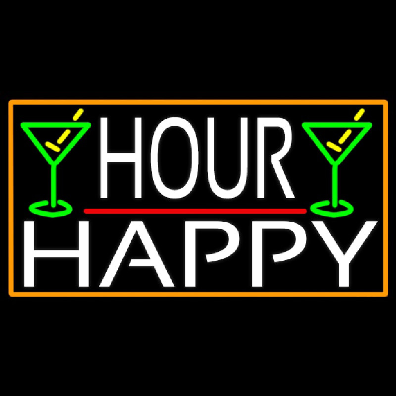 Happy Hour And Martini Glass With Orange Border Enseigne Néon
