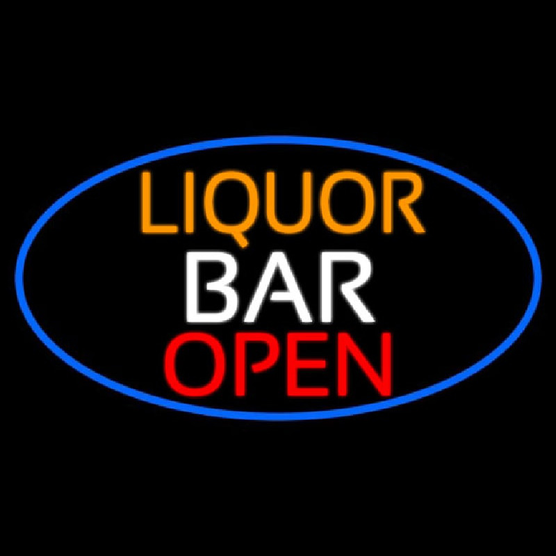 Liquor Bar Open Oval With Blue Border Enseigne Néon