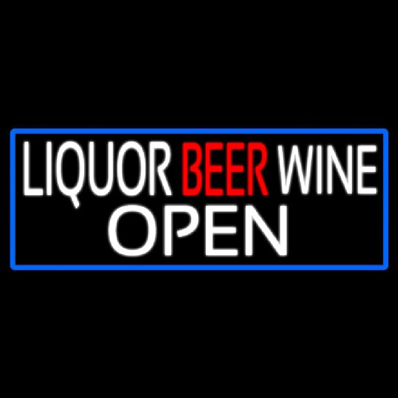 Liquor Beer Wine Open With Blue Border Enseigne Néon