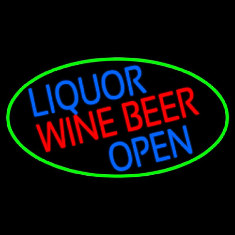 Liquor Wine Beer Open Oval With Green Border Enseigne Néon