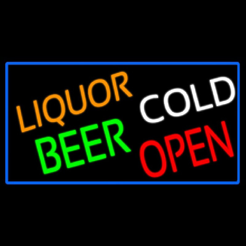 Liquors Beer Cold Open With Blue Border Enseigne Néon