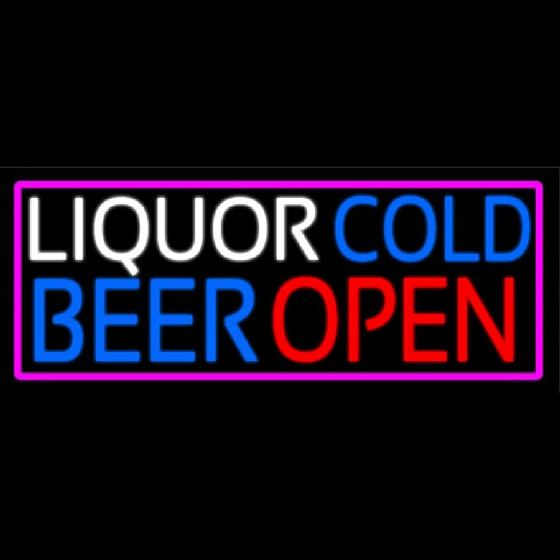 Liquors Cold Beer Open With Pink Border Enseigne Néon