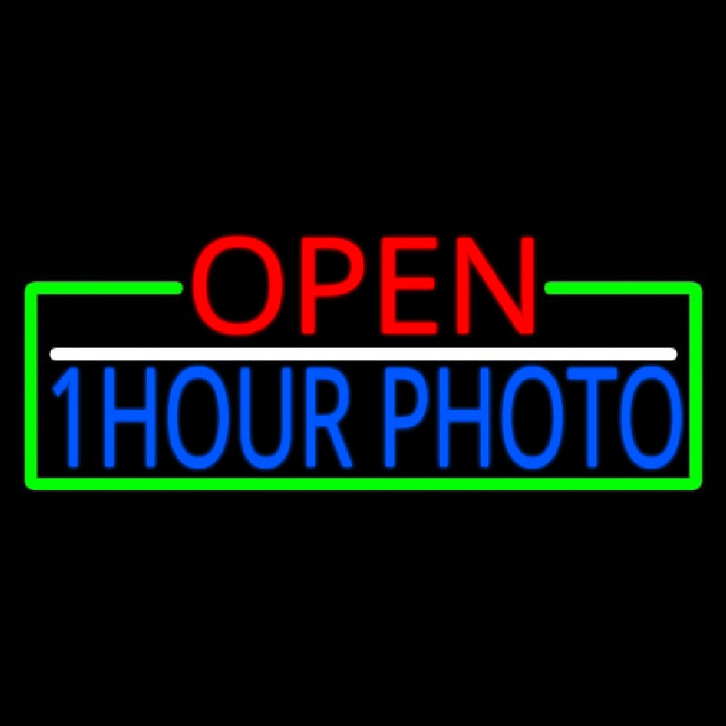 Open 1 Hour Photo With Green Border Enseigne Néon