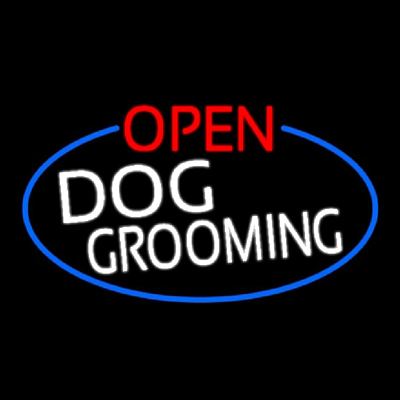 Open Dog Grooming Oval With Blue Border Enseigne Néon