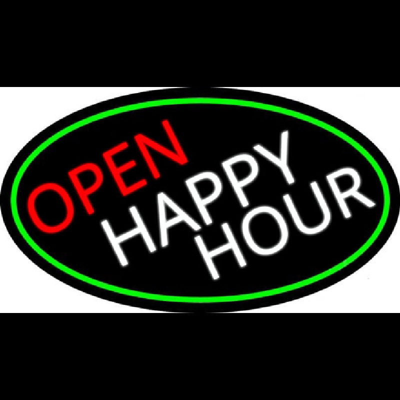 Open Happy Hour Oval With Green Border Enseigne Néon