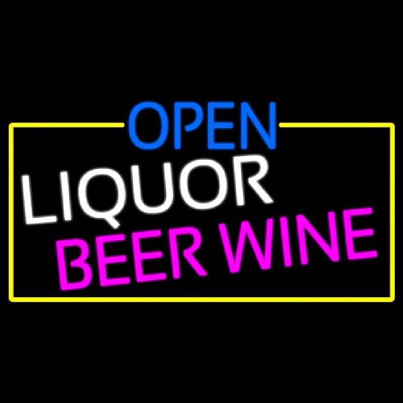 Open Liquor Beer Wine With Yellow Border Enseigne Néon