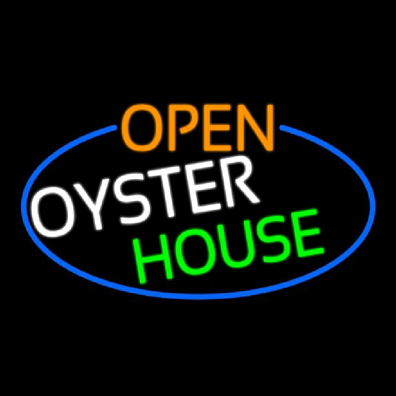 Open Oyster House Oval With Blue Border Enseigne Néon