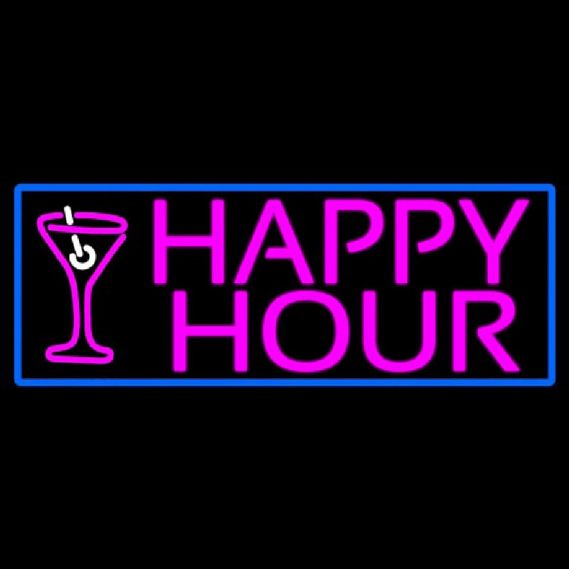 Pink Happy Hour And Wine Glass With Blue Border Enseigne Néon