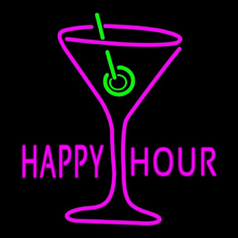 Pink Happy Hour With Wine Glass Enseigne Néon