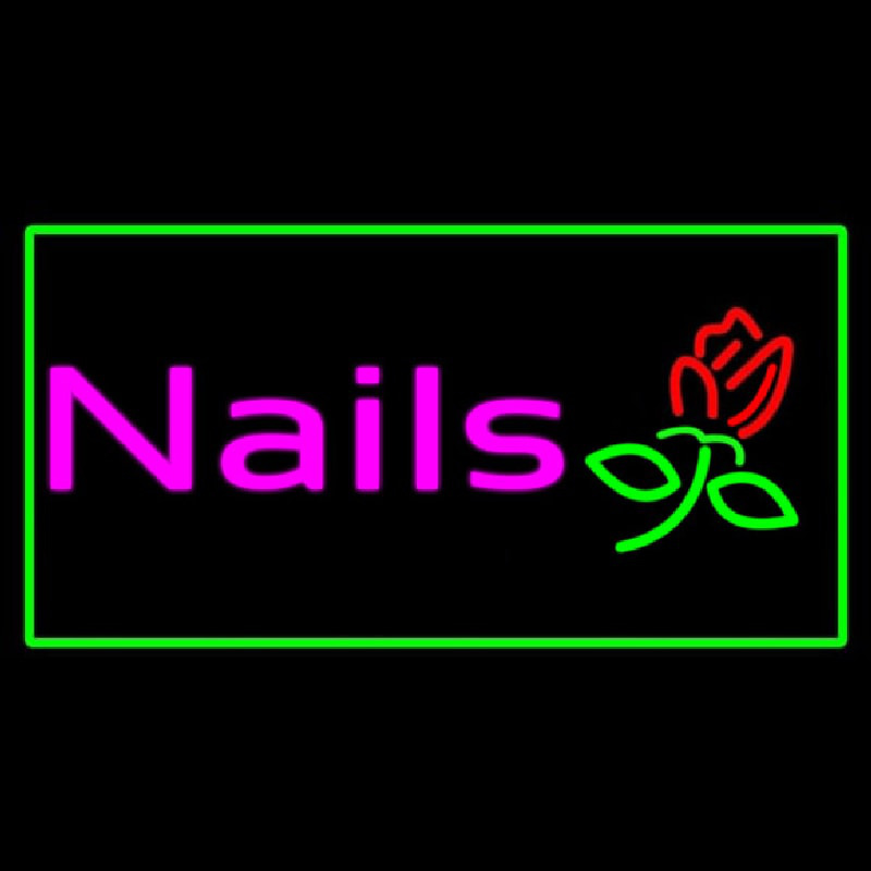 Pink Nails With Flower Logo Green Border Enseigne Néon