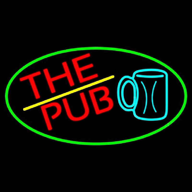 Pub And Beer Mug Oval With Green Border Enseigne Néon