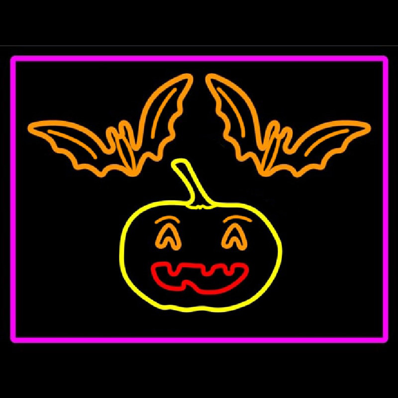 Pumpkin And Bats With Pink Border Enseigne Néon