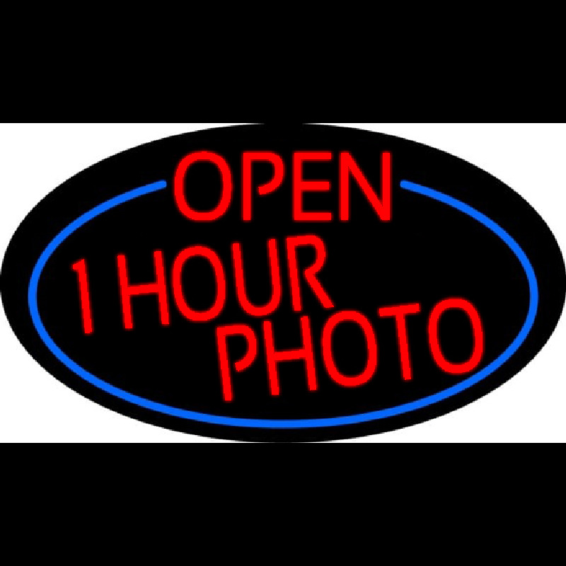 Red Open One Hour Photo Oval With Blue Border Enseigne Néon