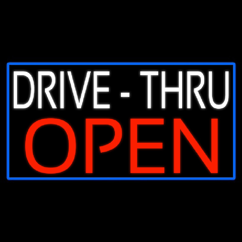 White Drive Thru Red Open With Blue Border Enseigne Néon