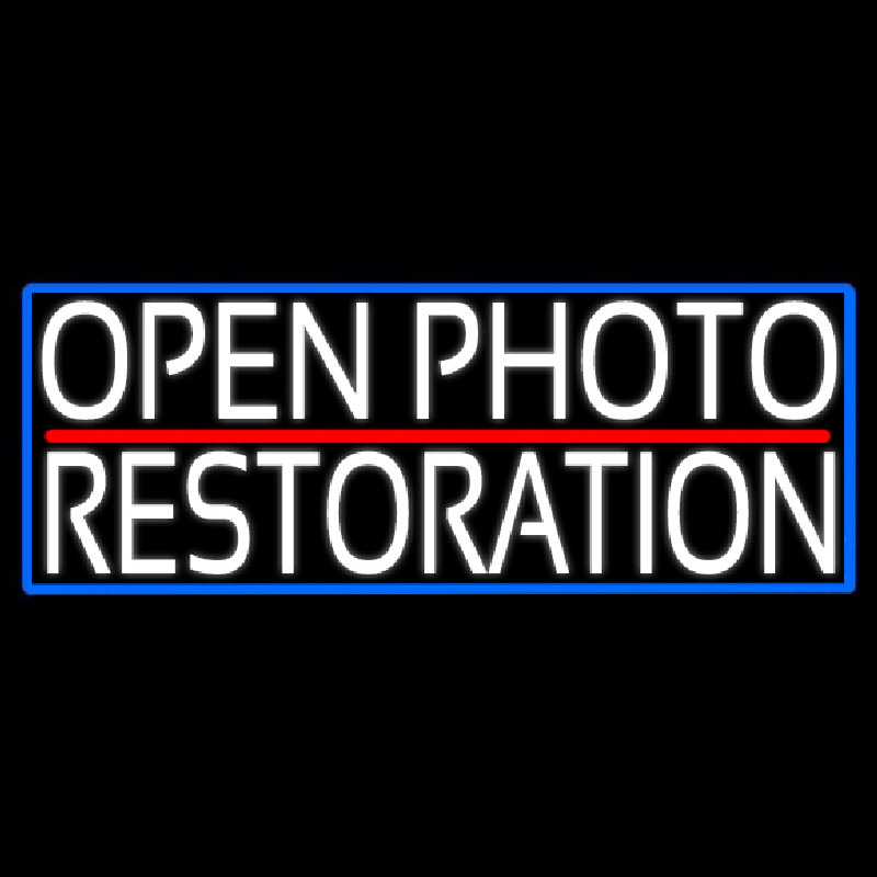 White Open Photo Restoration With Blue Border Enseigne Néon
