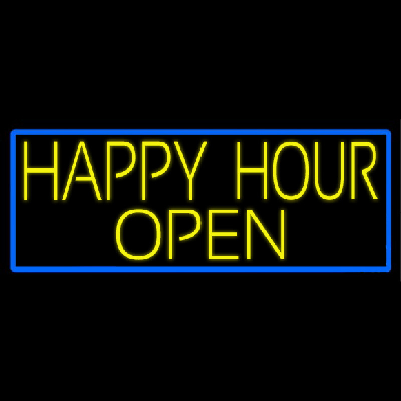 Yellow Happy Hour Open With Blue Border Enseigne Néon