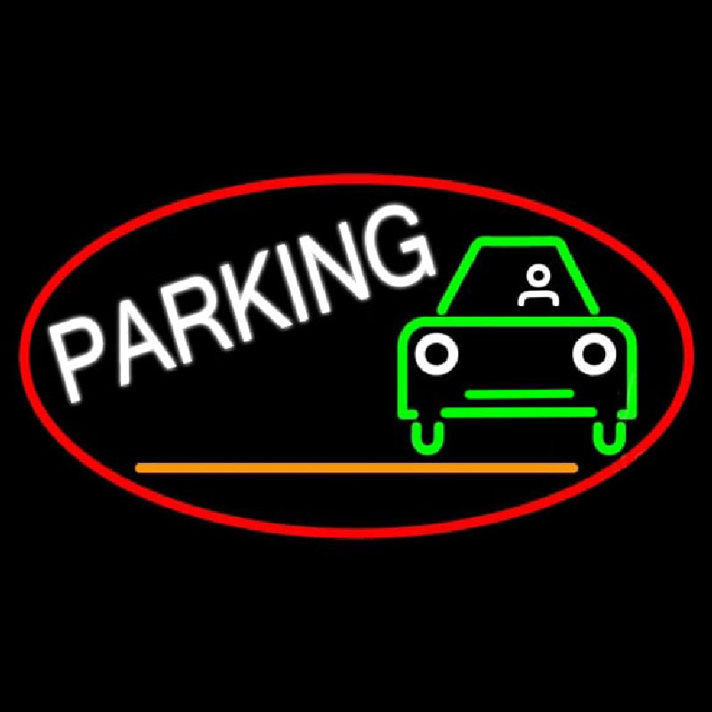 Parking And Car Oval With Red Border Enseigne Néon