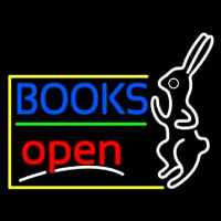 Blue Books With Rabbit Logo Open Enseigne Néon