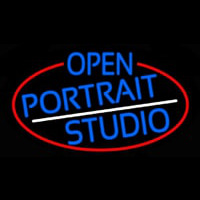 Blue Open Portrait Studio Oval With Red Border Enseigne Néon