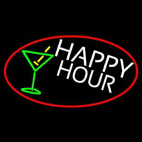 Happy Hour And Martini Glass Oval With Red Border Enseigne Néon