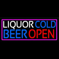 Liquors Cold Beer Open With Pink Border Enseigne Néon