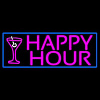 Pink Happy Hour And Wine Glass With Blue Border Enseigne Néon