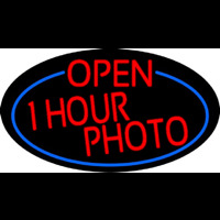 Red Open One Hour Photo Oval With Blue Border Enseigne Néon
