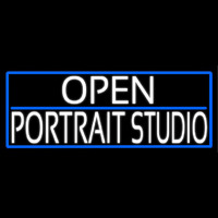 White Open Portrait Studio With Blue Border Enseigne Néon