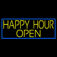 Yellow Happy Hour Open With Blue Border Enseigne Néon